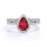 Classic Pave 2 Carat Pear Shape Lab Ruby and Diamond Halo Bridal Ring Set with Art Deco Band in White Gold