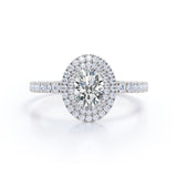 Huge Double Halo 1.50 Carat Oval Shaped Moissanite and Diamond Antique Engagement Ring in White Gold