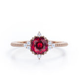 Antique Milgrain Line 0.5 carat Round Lab-Created Ruby and Diamond Engagement Ring in Rose Gold