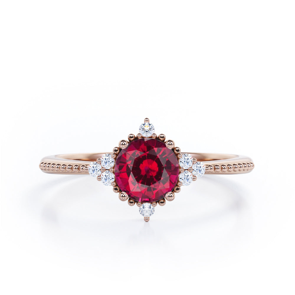 Antique Milgrain Line 0.5 carat Round Lab-Created Ruby and Diamond Engagement Ring in Rose Gold