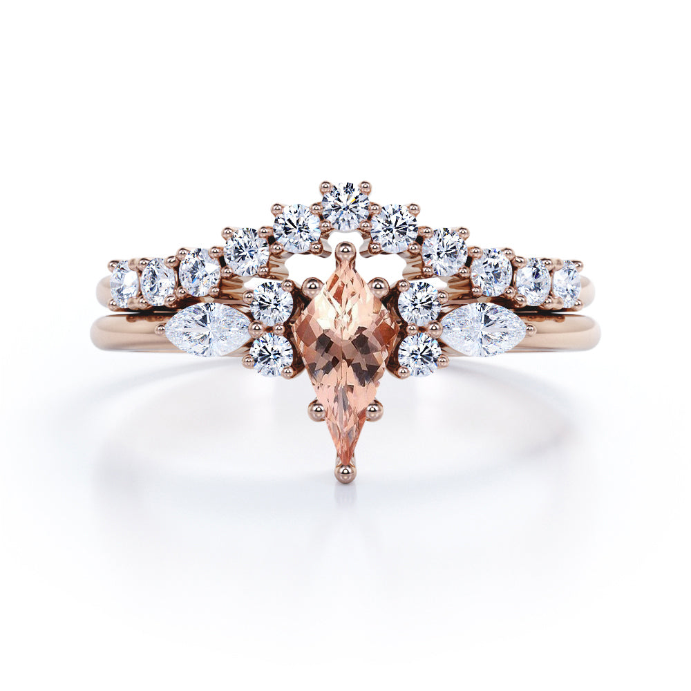 Glittery 0.65 carat Kite Morganite and Moissanite Classic Bridal Ring Set in Black Gold
