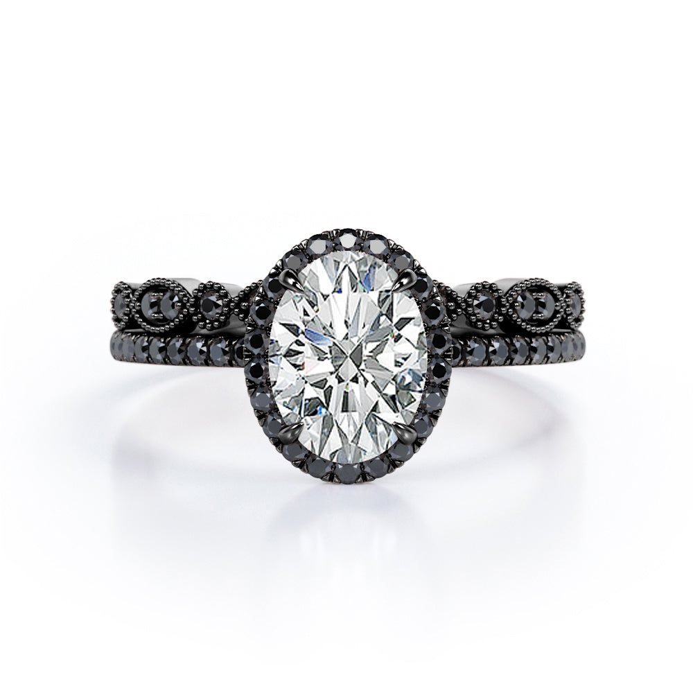 1.65 TCW Oval Cut Moissanite with Lab Created Black Diamond - Milgrain Filigree - Scalloped Pave Bridal Ring Set in White Gold