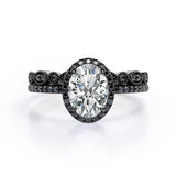 1.65 TCW Oval Cut Moissanite with Lab Created Black Diamond - Milgrain Filigree - Scalloped Pave Bridal Ring Set in White Gold