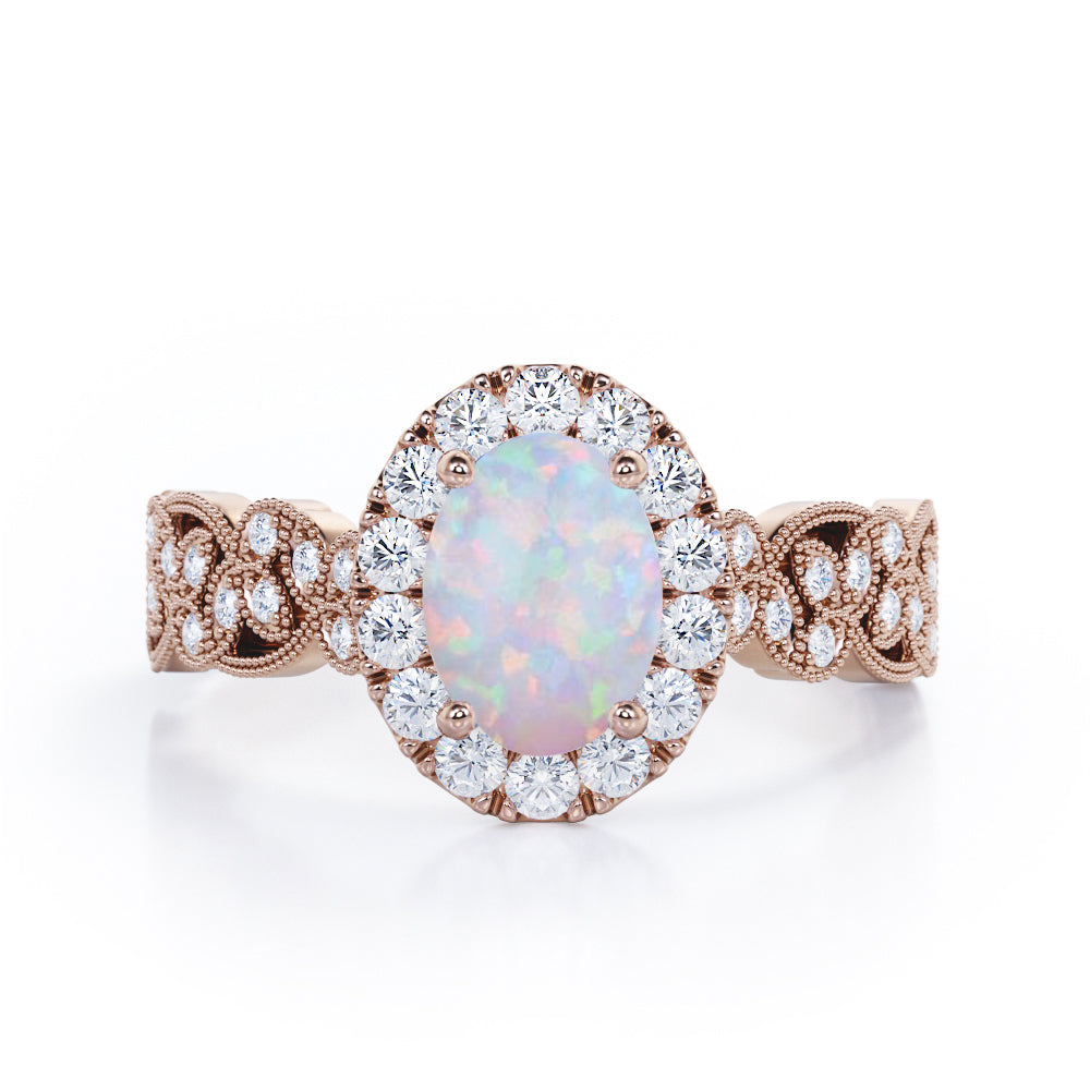 Milgrain Leaf 0.9 carat Oval Opal and Diamonds Nature-Inspired Engagement Ring in White Gold