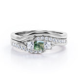 3 Stone Shared Prong - 1 TCW Princess Cut Green Moss Agate and Moissanite - Pave Curved Shank Wedding Set - Rose Gold