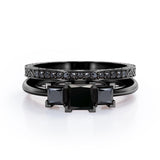 Triple Stone Square V-Prong 1.45 TCW Princess Cut Lab Created Black Diamond Filigree Wedding Set in White Gold