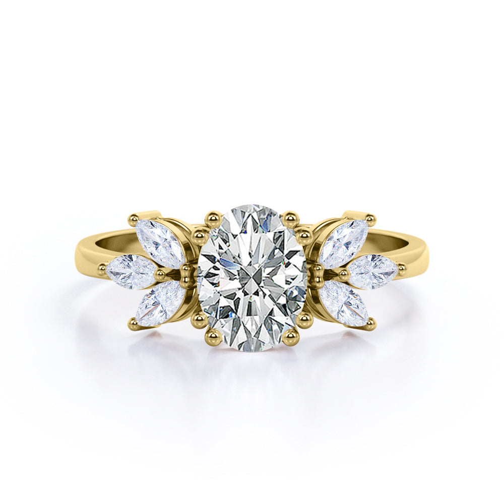 Beautiful Clustered Leaf 0.6 carat Oval Moissanite and cubic zirconia Engagement Ring in Black Gold