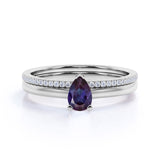 Dainty Single Stone 0.75 Carat Pear Shape Lab Created Alexandrite and Diamond Pave Wedding Ring Sets