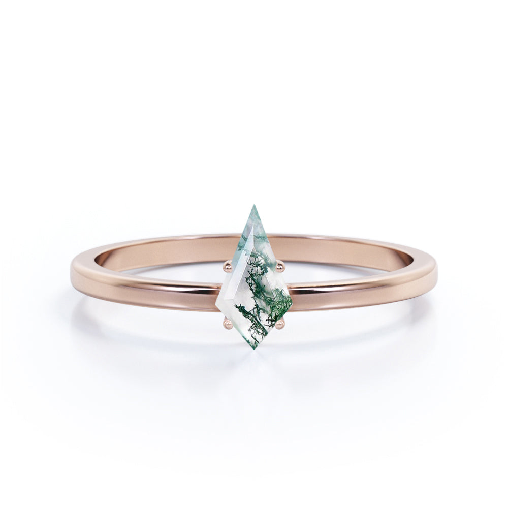Striking 1 carat Solitaire Kite Shape Moss Agate Engagement Ring in Black Gold