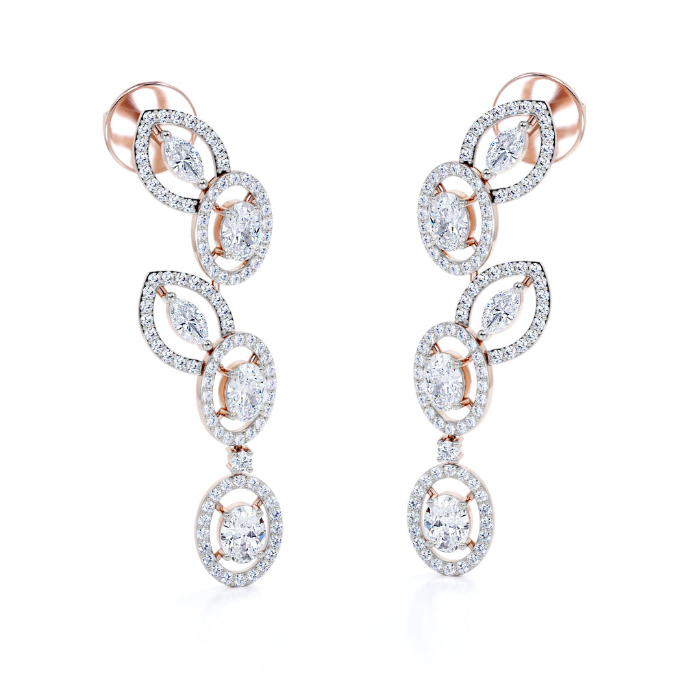 Floral 1.35 Carat Round Cut White Sapphire And Diamond Pave Set Drop Earrings In Rose Gold