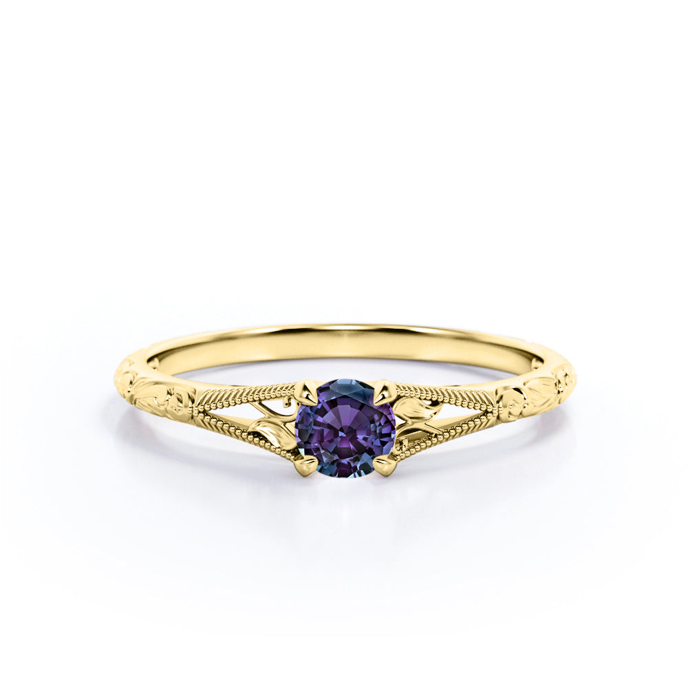 Art Deco 1 Carat Round Cut Lab Created Alexandrite And Diamond Vintage Filigree Solitaire Engagement Ring In White Gold