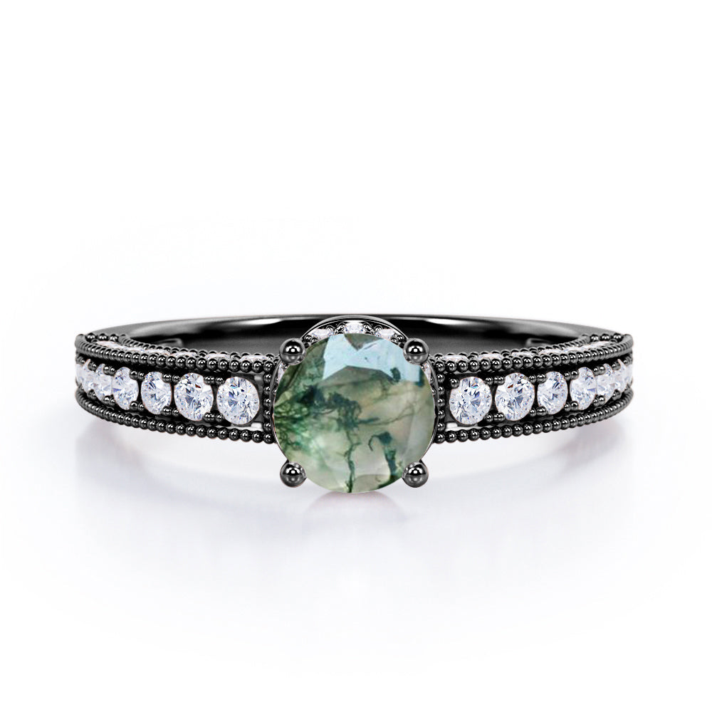 Classic Four Prong 1.45 Carat Round Cut Green Moss Agate And Diamond Vintage Milgrain Engagement Ring In Rose Gold