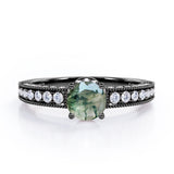 Classic Four Prong 1.45 Carat Round Cut Green Moss Agate And Diamond Vintage Milgrain Engagement Ring In Rose Gold