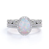 Affordable 2 Oval Ethiopian Antique Opal Ring and Halo Diamond in Trio Wedding set