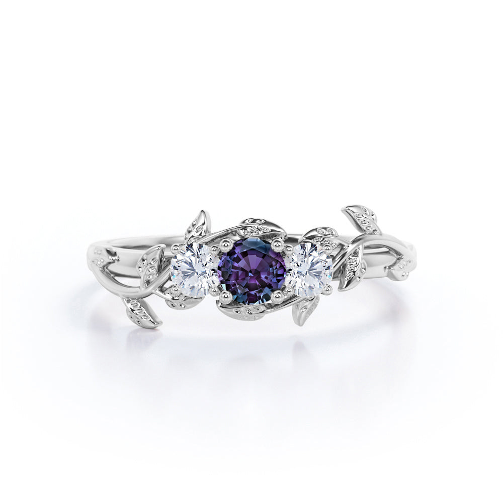 Antique Leaf Design 1 Carat Round Cut Lab Created Alexandrite And Diamond Three Stone Engagement Ring In White Gold
