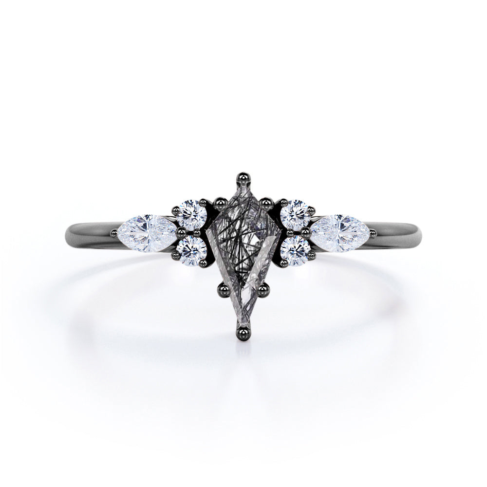1.25 ct Kite Black Rutilated Quartz Seven Stone Engagement Ring