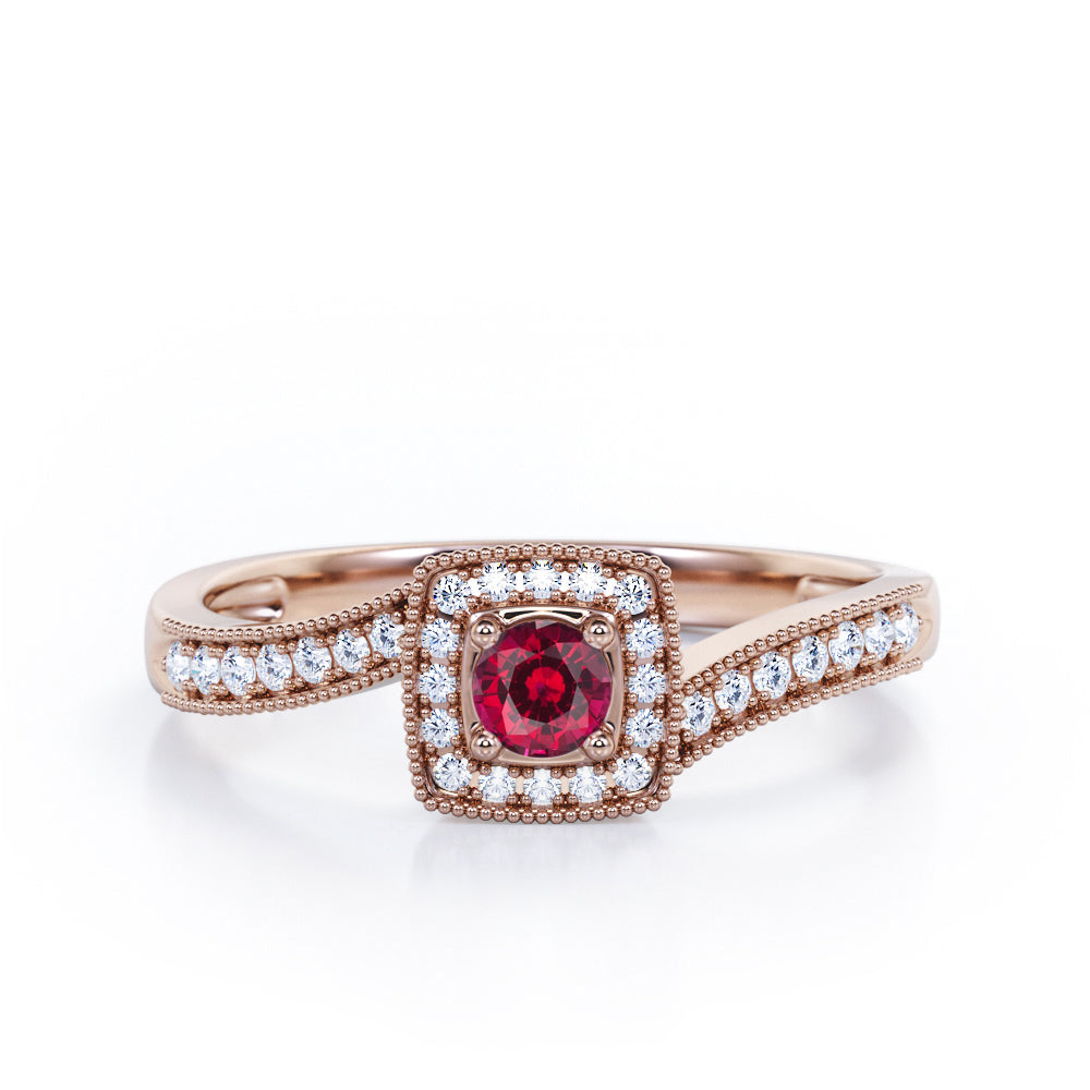 Flush-Prong Halo 1.25 Carat Round Cut Lab-Created Ruby Milgrain-Edged Pave Channel Engagement Ring in White Gold