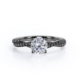 Basket Cathedral - 1.45 TCW Round Shape Moissanite with Lab Created Black Diamond - Crossover Pave Engagement Ring in Black Gold