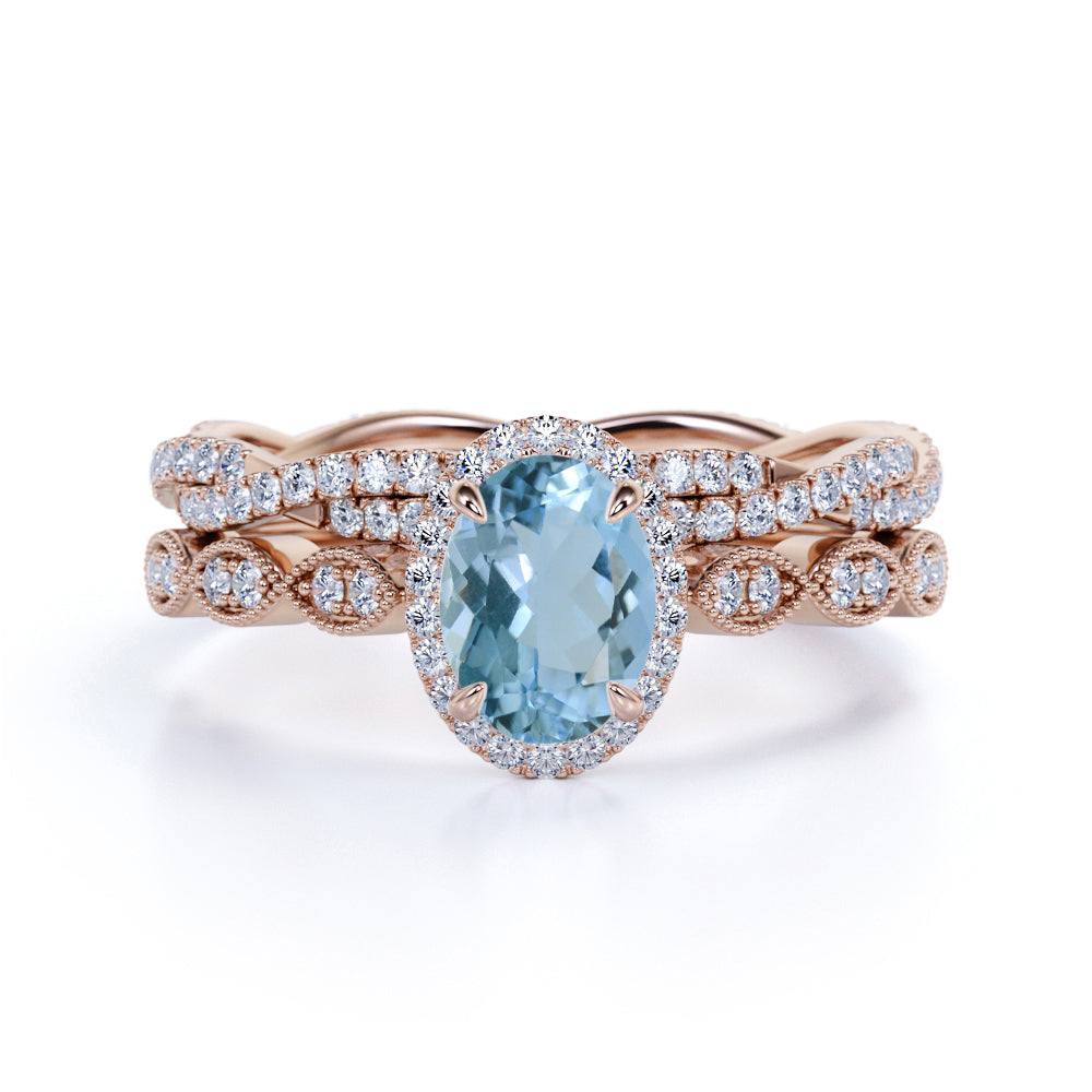 1.50 Carat oval cut Aquamarine and Diamond Halo Wedding Ring Set in White Gold