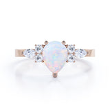Unique Three Prong 1.35 Carat Tear Drop Precious Fire Opal And Diamond Seven Stone Engagement Ring In Rose Gold