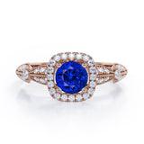 Antique Milgrain 1.35 Carat Round Cut Sapphire And Diamond Halo Engagement Ring In Rose Gold