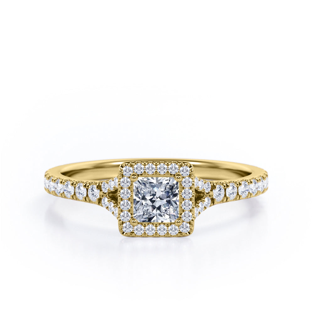 Pave Split-Shank Design 0.5 TCW Princess Cut Diamond Four-Prong Halo Engagement Ring in 10K Rose Gold