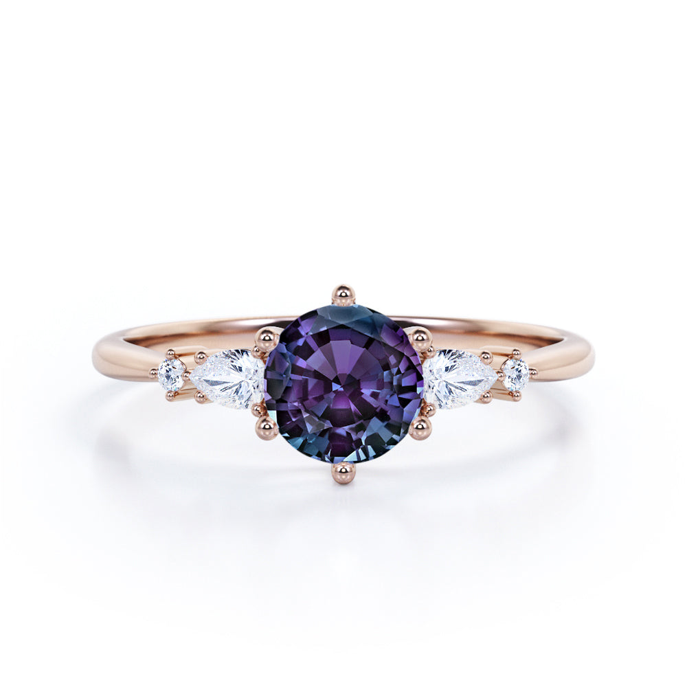 Tapered Six Prong 1.20 Carat Brilliant Round Cut Lab Created Alexandrite And Diamond Five Stone Engagement Ring In White Gold