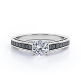 1.4 TCW Round Shape Moissanite with Lab Created Black Diamond - Pave and Channel - Cathedral Engagement Ring in White Gold