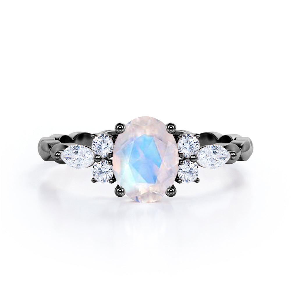 Marquise Beaded Shank 0.55 carat Oval Moonstone and Moissanite Engagement Ring in Rose Gold