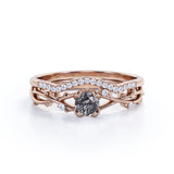 Twig Crossover 0.75 Carat Round Cut Dendritic Rutilated Quartz and Diamond Pave Bridal Set Rings