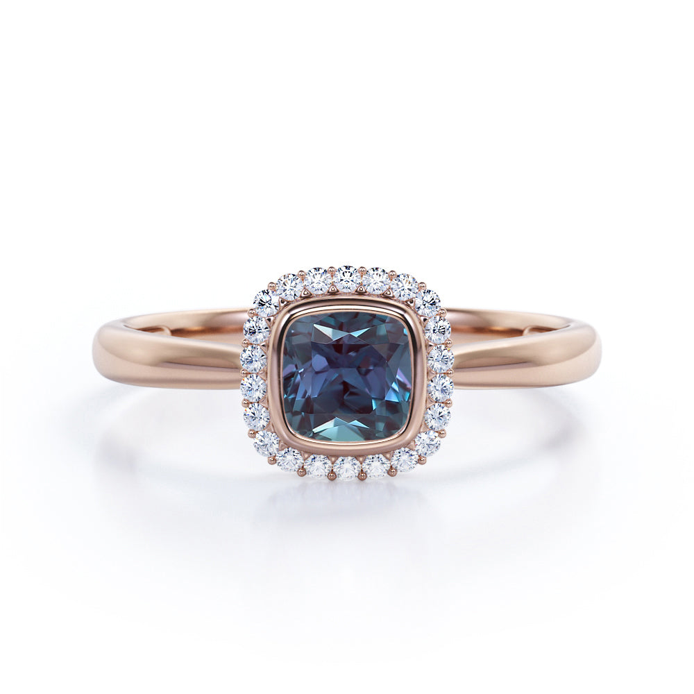 Minimal Halo 1.25 Carat Cushion Cut Lab Created Alexandrite And Diamond Bezel Set Engagement Ring In White Gold For Women