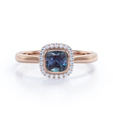 Minimal Halo 1.25 Carat Cushion Cut Lab Created Alexandrite And Diamond Bezel Set Engagement Ring In White Gold For Women
