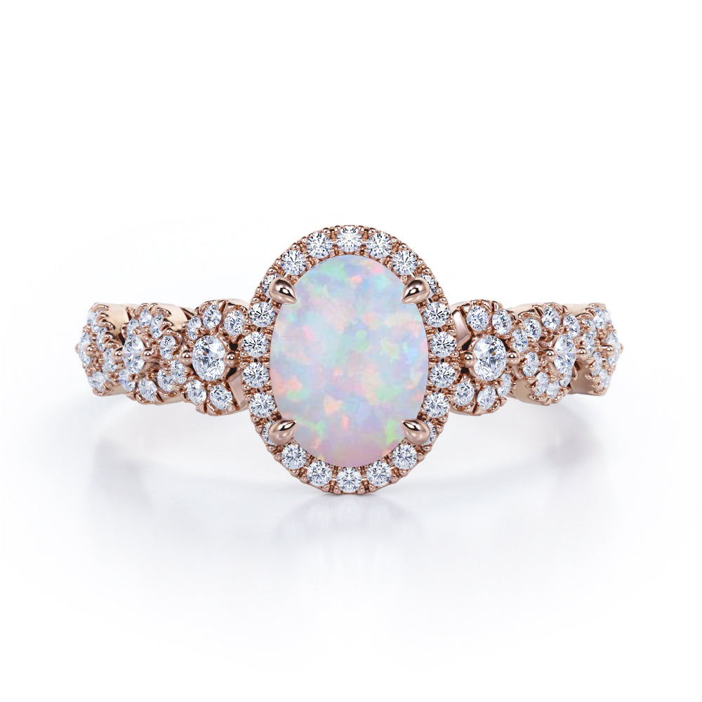 Twisted Pave Set 1.45 Carat Oval Cut Natural Opal And Diamond Halo Infinity Engagement Ring In White Gold