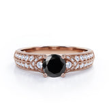 Simple Four Prong 1.50 Carat Round Cut Black Diamond Vintage Milgrain Multi Row Engagement Ring In Rose Gold