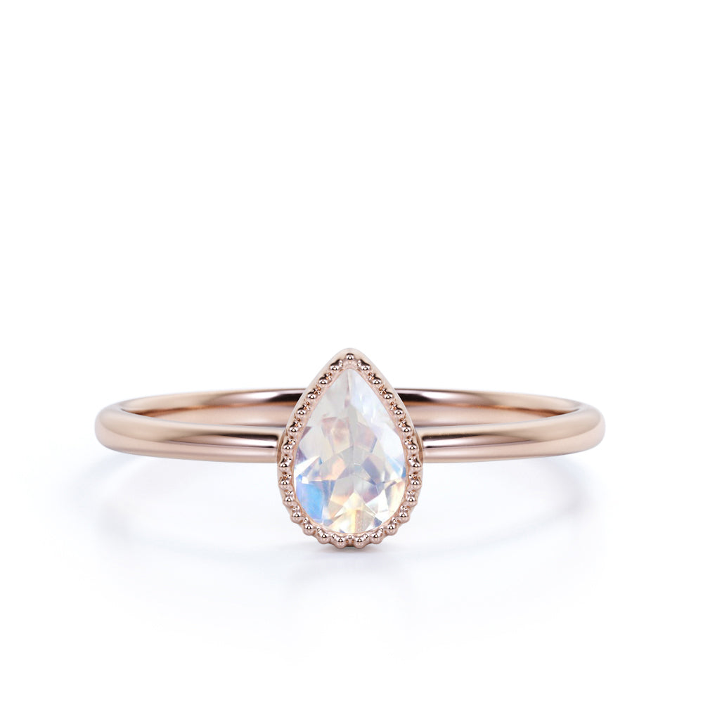 Gypsy Set 1 Carat Teardrop Cut Blue Moonstone and Vintage Milgrain Engagement Ring in White Gold