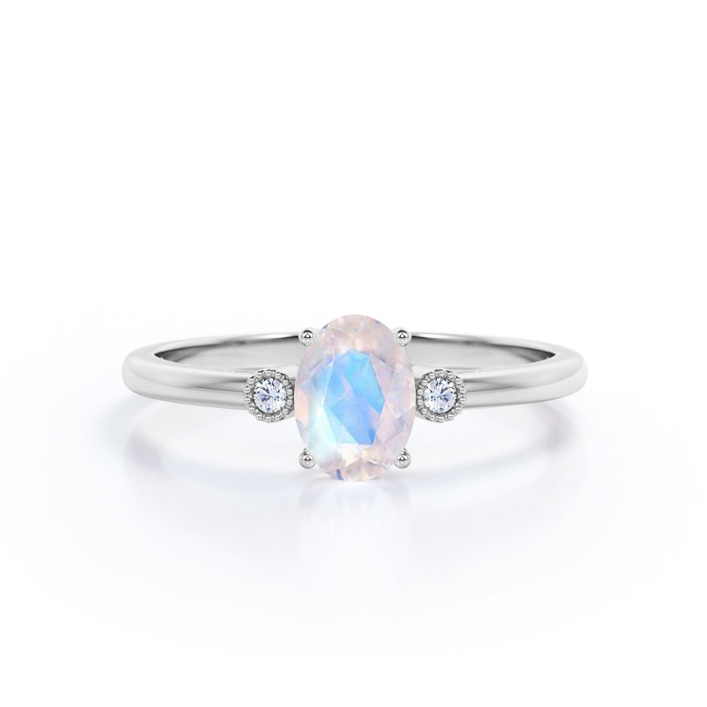 1.25 Carat Oval Moonstone and Diamond Wedding Ring in White Gold - Blue Moonstone Ring