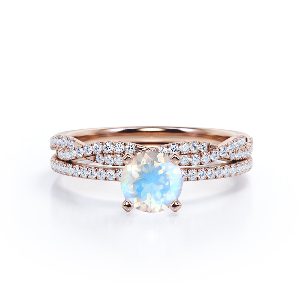 Classic Pave Round 1 carat Round Moonstone and Moissanite Wedding Ring Set in White Gold