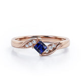Twisted 7 Stone Ring - 0.55 carat Princess Blue Sapphire and Moissanite Elegant Engagement Ring in Rose Gold