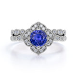 Art Deco Milgrain 2 Carat Round Cut Sapphire and Diamond Halo Wedding Set in White Gold