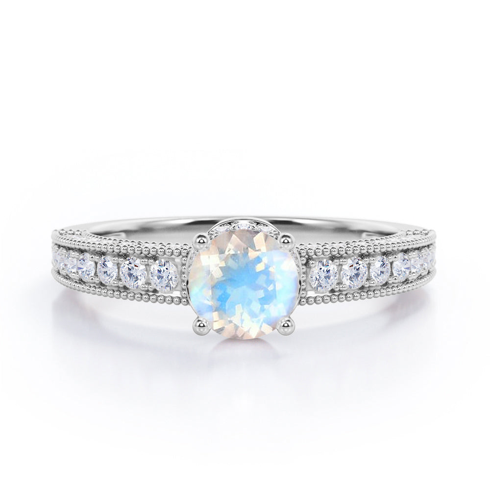 Pave Four Prong 1.45 Carat Round Cut Moonstone And Diamond Vintage Milgrain Engagement Ring In Rose Gold