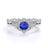 Antique Flower Design 2.25 Carat Round Cut Sapphire and Diamond Halo Wedding Set with Eternity Band in White Gold