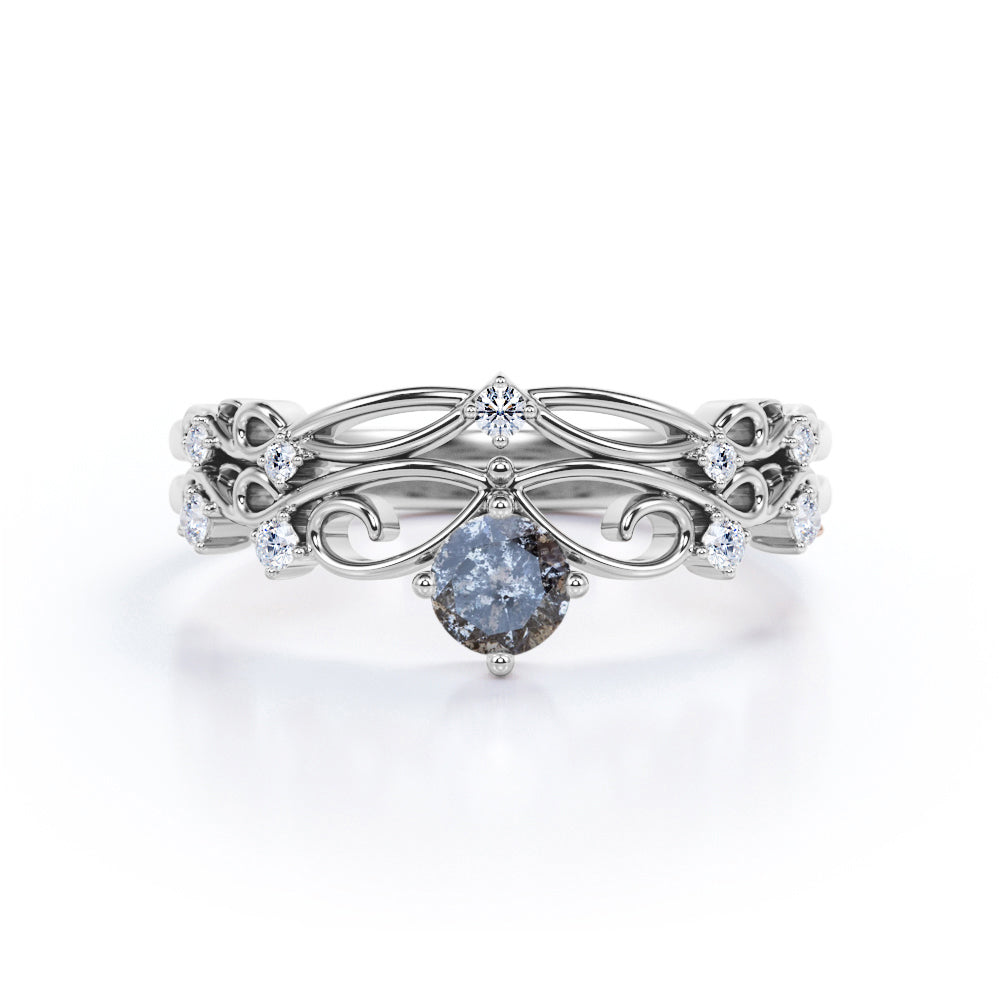 Twist Tiara 0.75 Carat Round Cut Icy Grey Salt and Pepper Diamond and Matching Scattered Diamond Band Bridal Set Rings