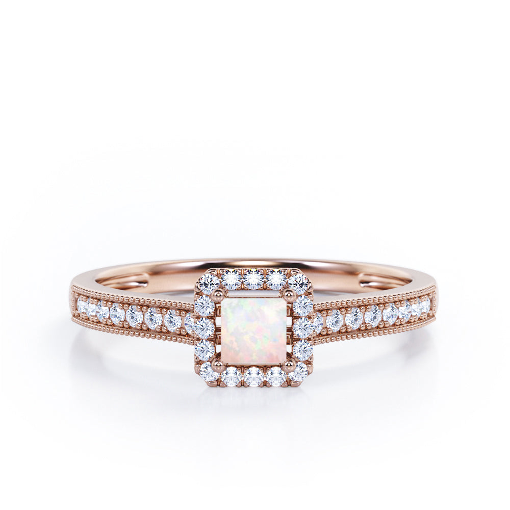 Halo Design 1.25 Carat Princess Cut Opal and diamond Milgrain-Bordered Pave-Channel Engagement Ring in White Gold
