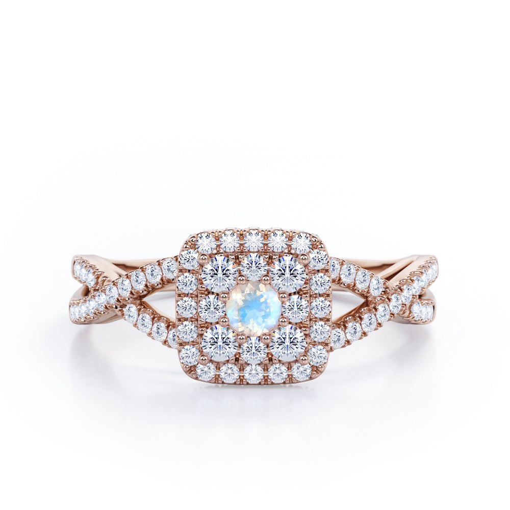 Pave Crossover - 1.25 Carat Round Cut Moonstone and diamond - Flush Cluster Halo Engagement Ring in White Gold