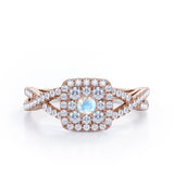 Pave Crossover - 1.25 Carat Round Cut Moonstone and diamond - Flush Cluster Halo Engagement Ring in White Gold