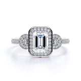 1.75 Carat Emerald Cut Moissanite and Diamond Halo Engagement Ring in White Gold