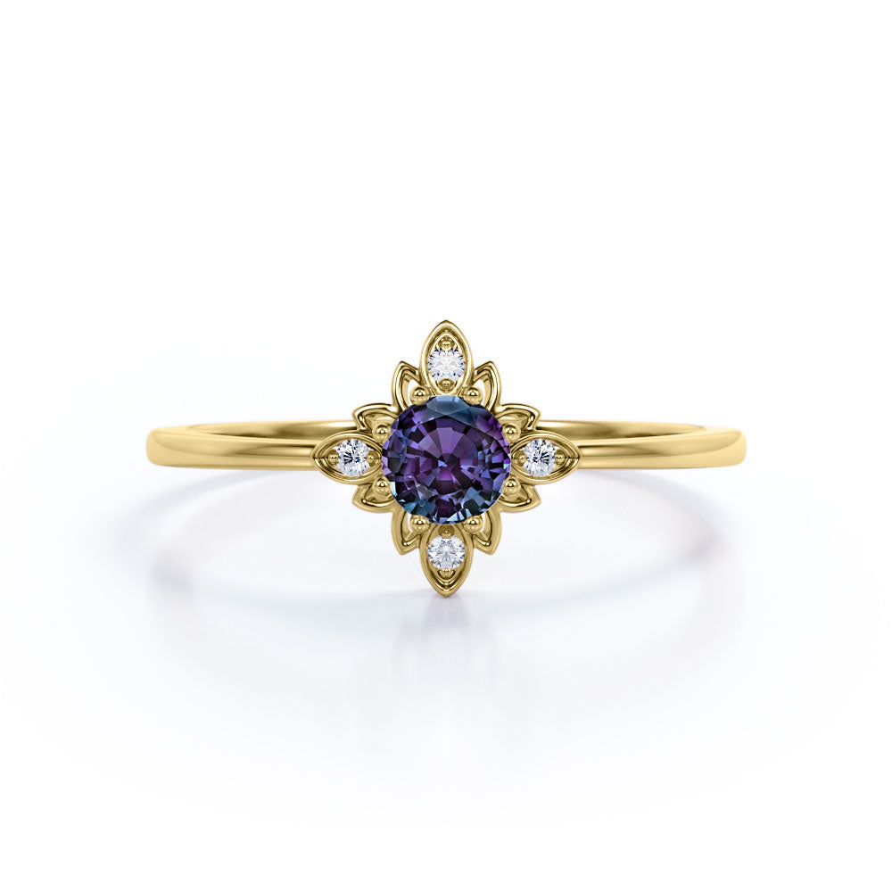 Floral Design 1.05 Carat Round Cut Lab Created Alexandrite And Diamond Nature Inspired Engagement Ring In White Gold