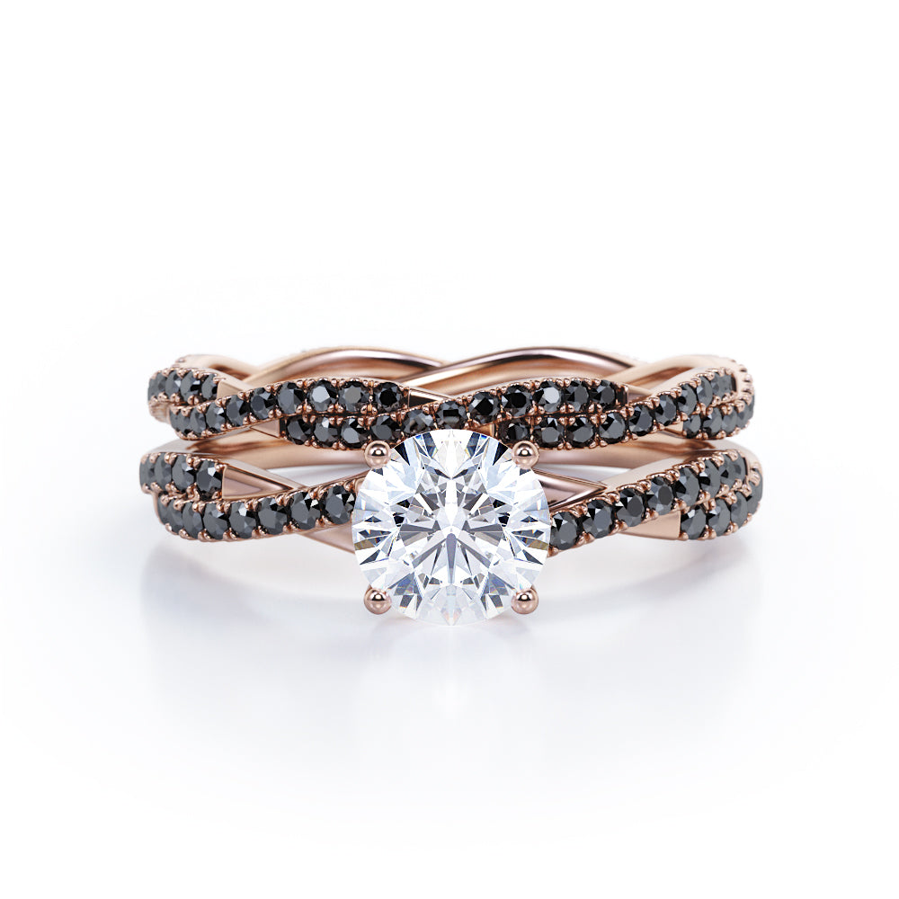Double Twisted Eternity - 1.75 TCW Round Cut Moissanite with Lab Created Black Diamond - Basket Cathedral Bridal Ring Set in White Gold