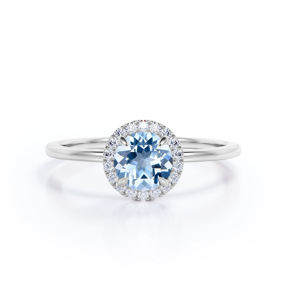 Minimalist Solitaire 1.25 Carat Round Cut Natural Ocean Blue Aquamarine and Diamond Halo Female Engagement Ring