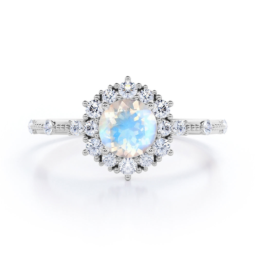 Snowflake Inspired 0.6 carat Round Moonstone and Moissanite Engagement Ring in Black Gold